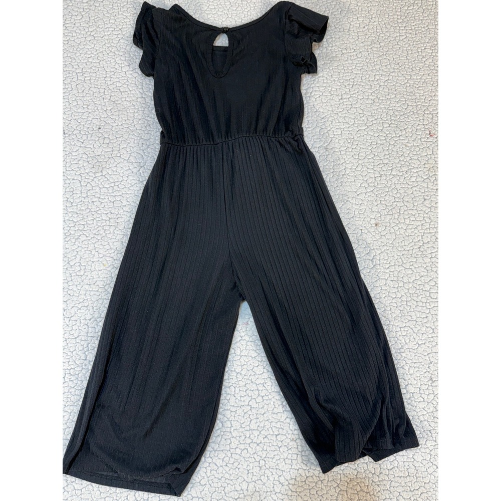 Girls Black Ribbed Knit Jumpsuit Front Tie Flutter Sleeve Wide Legโ Size 7/8